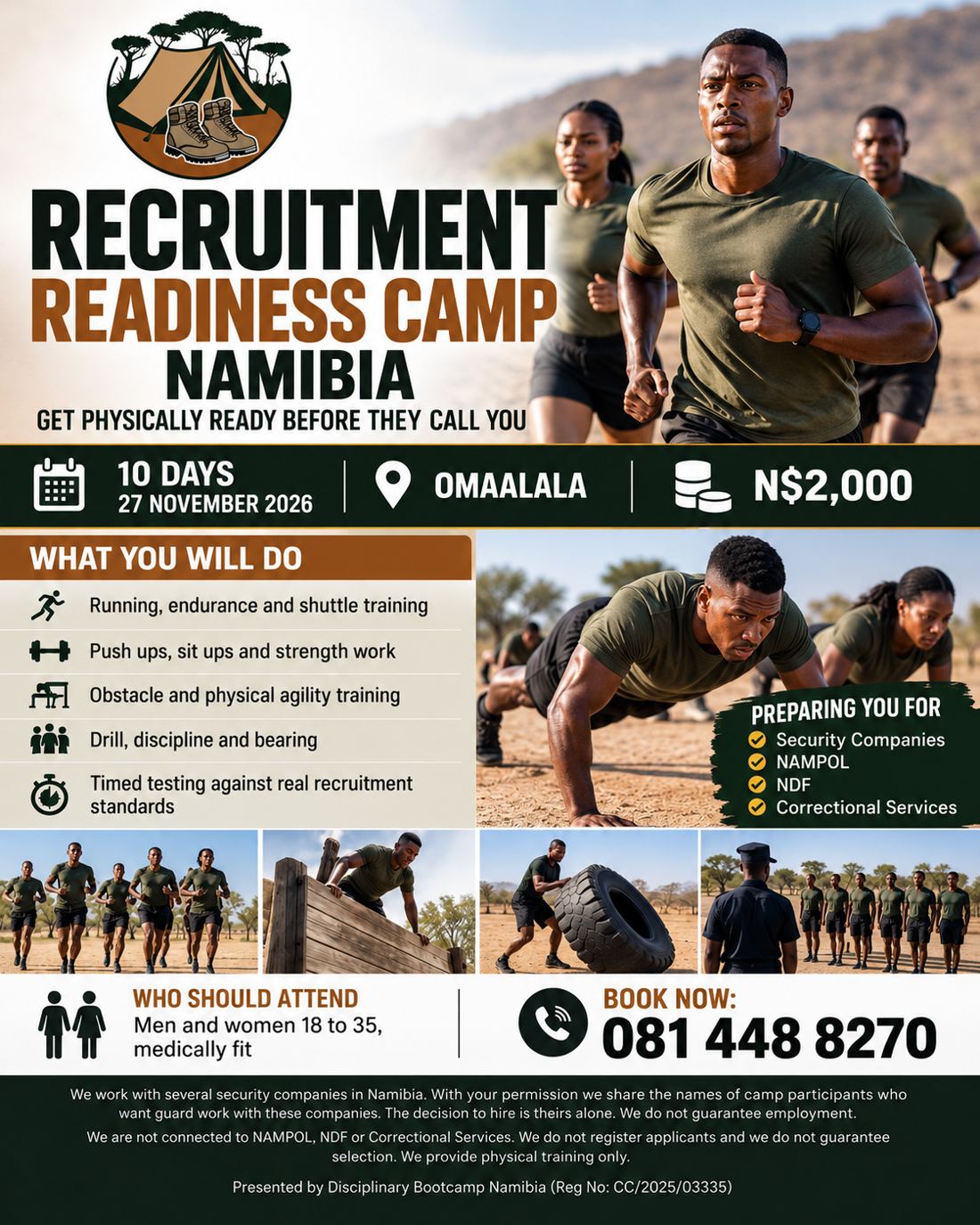 Official flyer: Recruitment Readiness Camp Namibia — 10 days from 27 November 2026, Omaalala, N$2,000
