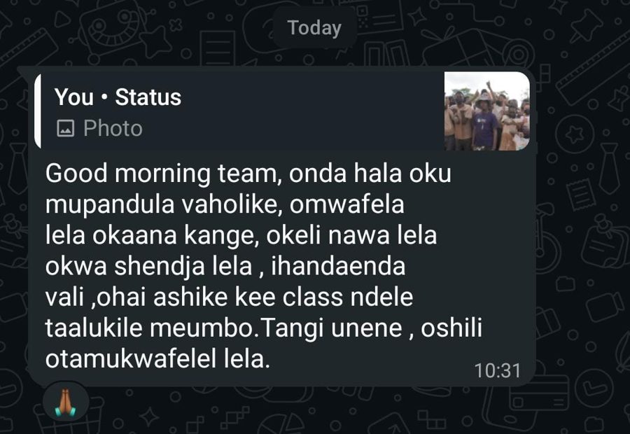 WhatsApp message in Oshiwambo: a parent thanking the team for truly helping her child, who now goes to class and comes straight home