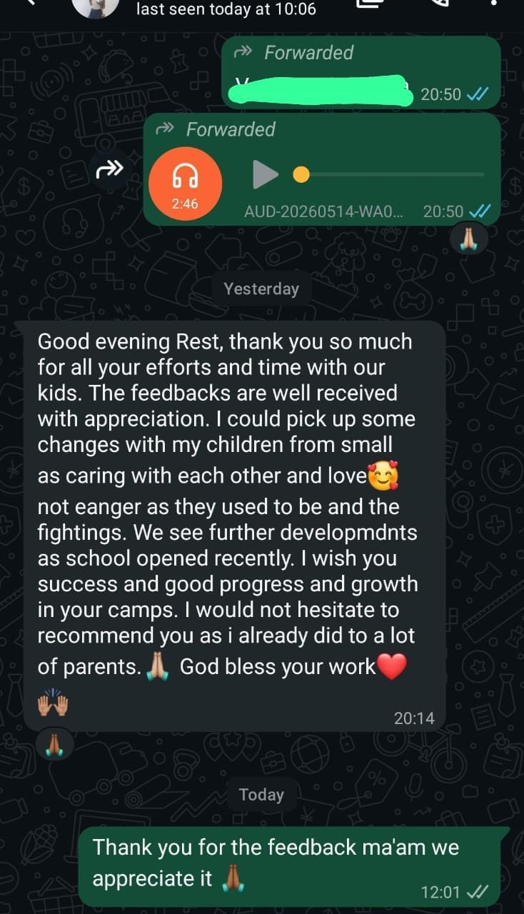 WhatsApp message from a mother: children now show care and love instead of anger and fighting; she recommends the camp to many parents
